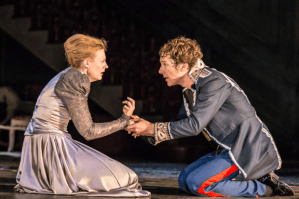 O, speak to me no more; These words, like daggers, enter in mine ears; No more, sweet Hamlet!' Anastasia Hille as Gertrude with Benedict. (Photo credit Johann Persson)