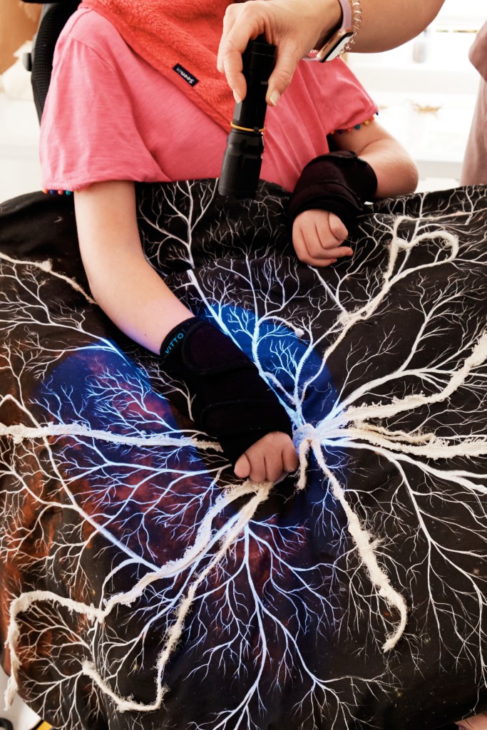 A child interacting with one of the elements from " A World Beneath Us". On their lap is a piece of black fabric with a design of mycellium (root structure) on it in bright white for contrast.
Another hand shines a UV torch on it from above.